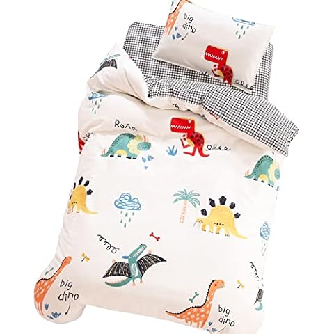 J-pinno Dinosaur Plaid Boys Girls Cartoon Duvet Cover + Pillowcase Set, Zipper Closure, 100% Cotton, for Kids Crib Toddler Bedding Decoration Gift (White Dinosaur, Crib 47" X 59") Cover