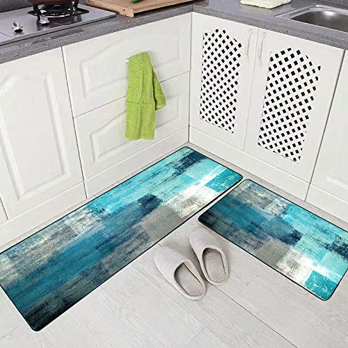 Kitchen Mats for Floor,TOMWISH Turquoise Kitchen Rug Grey Abstract Area Rug Art Painting 17"X48"+17"X24" Non-Slip Kitchen Rug Set for Kitchen Dining Room,Floor Home,Office,Sink,Laundry - Image 2