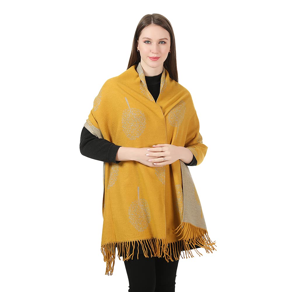 London Scarf Mulberry Tree Scarf Reversible Long Cashmere Soft Women Ladies Tree Of Life (Mustard/Silver)