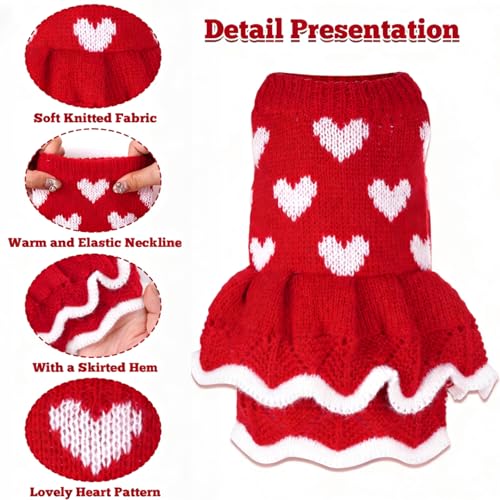 Lystaii Dog Sweater Dress Knitted Heart Sweaters Valentines Day Dog Clothes Warm Pet Christmas Outfit for Cold Weather (Red, X-Small) - Image 4