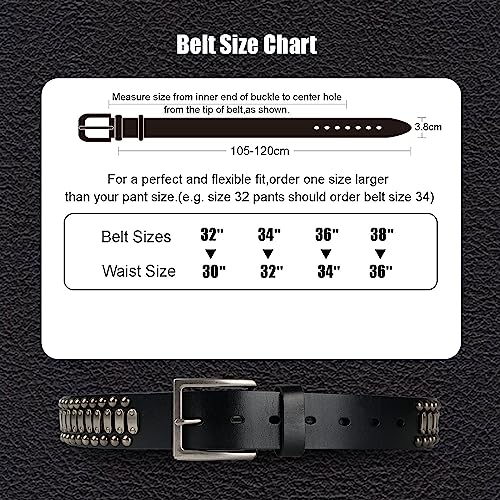 Fioretto Stylish Mens Studded Casual Italian Cowhide Leather Belts For Jeans Punk Rock Rivets Belt With Buckle For Men Black Size 34 #TOP1