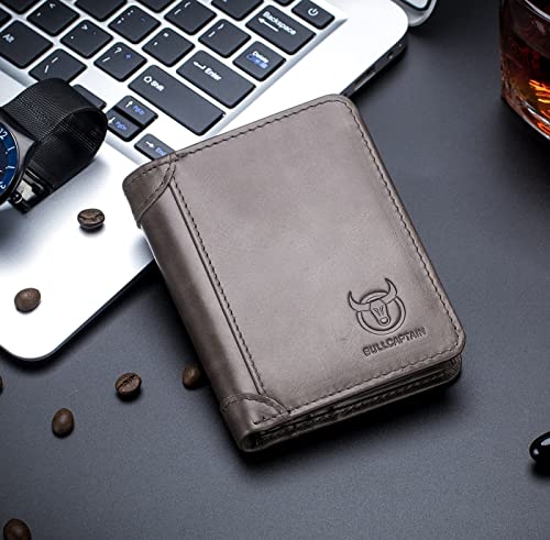 BULLCAPTAIN Genuine Leather Bifold Men Wallet RFID Blocking Credit Card Holder Minimalist Wallet with 2 ID Window (Dark Grey)4
