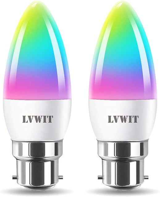 B22 Smart Candle Bulb Bayonet,LVWIT RGB Color B22 Dimmable Candle Bulbs,Music Sync WiFi Bulbs, 470Lm, Compatible with Alexa, Echo and Google Home, Smart Candle Light Bulbs (Pack of 2)