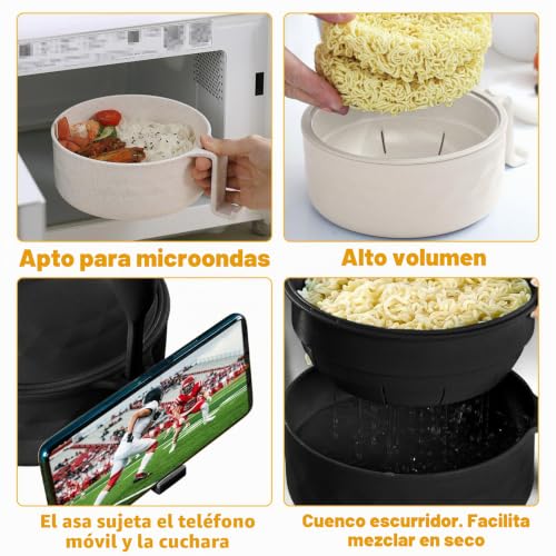 Miniatura 3 de Tzqfroce Microwave Ramen Bowl Ramen - Cuenco Para Microondas Ramen Con Palillos Instant Ramen Bowl Con Tapa Y Cuchara Portátil Para Microondas, Para Sopa, Pasta, Ensaladas Negro