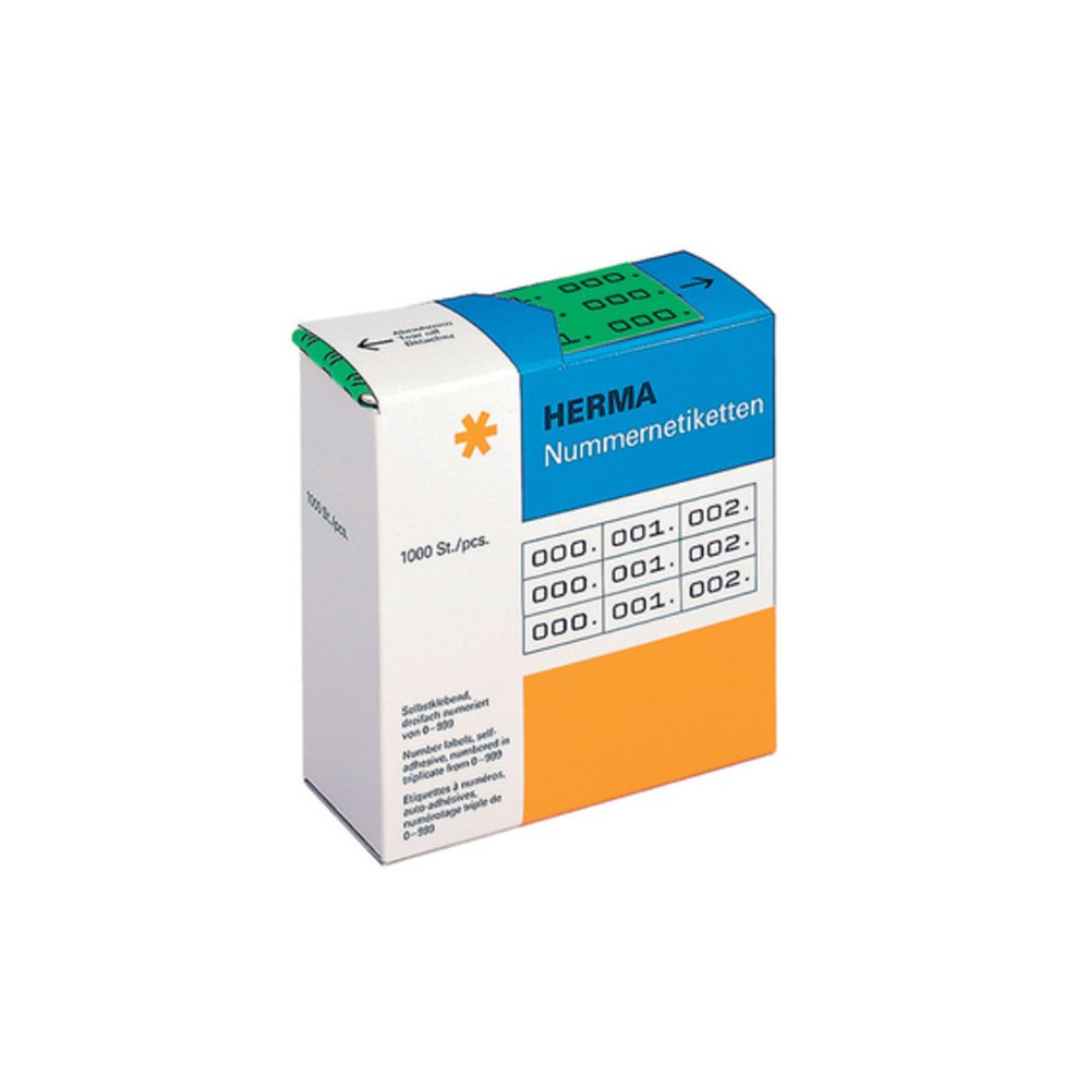 HERMA Number Labels 0-999, Triple, 3000 Pieces, 22 x 10 mm, Self-Adhesive, Matte, Triple Sequential Paper Number Labels, Asset Numbers in Dispenser Box, Green