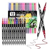 Rotuladores Lettering 12 Colores Fineliner Rotuladores Punta Pincel Fieltro Marcadores de Acuarela Para Niños Adultos Colorear, Libro para Colorear