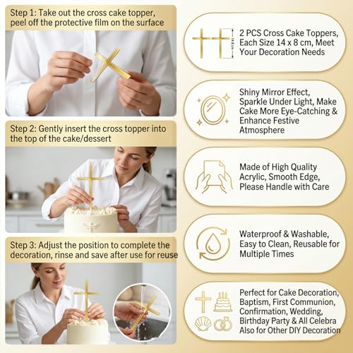 2 Stück Cake Topper Kommunion Tortendeko Kreuz Gold Cake Topper Taufe Tortendeko Tortenaufleger Kommunion Deko Torte Acryl Goldenes Kreuz Kuchen Deko für Taufe Kommunionfeier Konfirmation Hochzeit