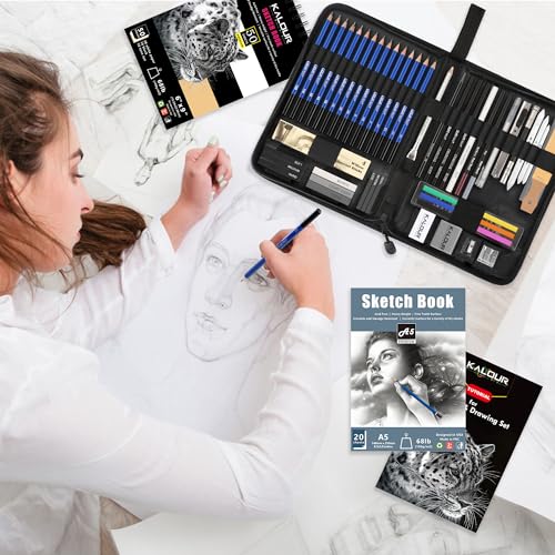 Miniatura 6 de Kalour Pdas Juego De 58 Piezas De Dibujo, Cuaderno De Bocetos De 3 Colores, Cuaderno De Bocetos A5, Tutorial, Lápices De Grafito Y Carbón, Kit De Dibujo Artístico Profesional