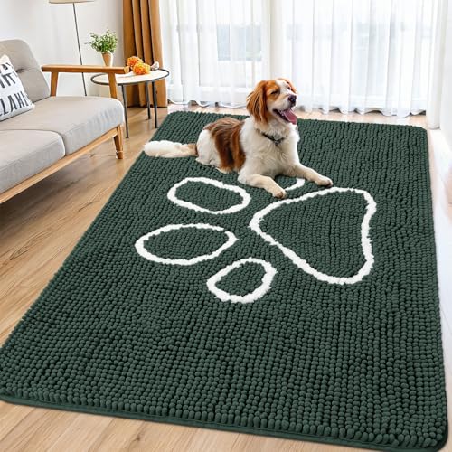 Image of Smiry Dog Door Mat for Muddy Paws, Absorbent Dirt Trapper Non Slip Quick Dry Washable Chenille Mat for Mud Dogs, Entry Rug for Indoor and Outdoor (71x46 Inches, Green and White)