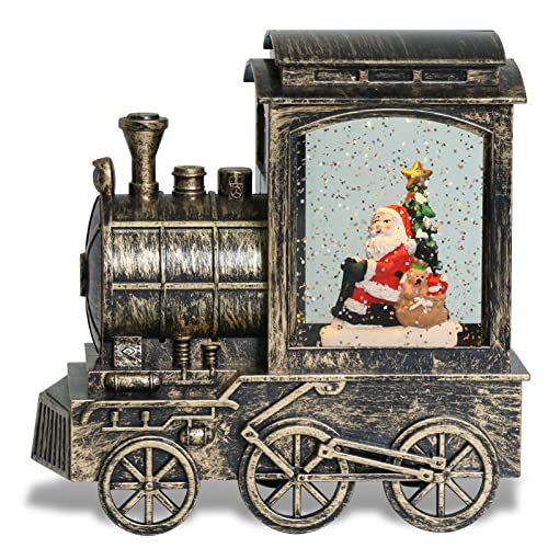 Eldnacele Lighted Musical Christmas Train Snow Globe Lantern with Santa, Battery Operated Water Glittering Lantern with Music and 6H Timer Christmas Table Centerpiece Decoration and Gift