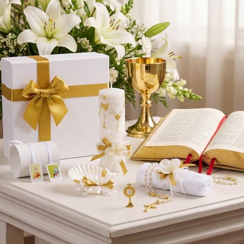Liliful 7 Pcs White Baptism Candle Set Catholic Baptismal Candle Towel Rosary Necklace Shell Pin Pendant Christening Gift for Godparent Guest Favor Decoration First Holy Communion Gift (Fresh,Gold) by Liliful - Used condition - US$30.44