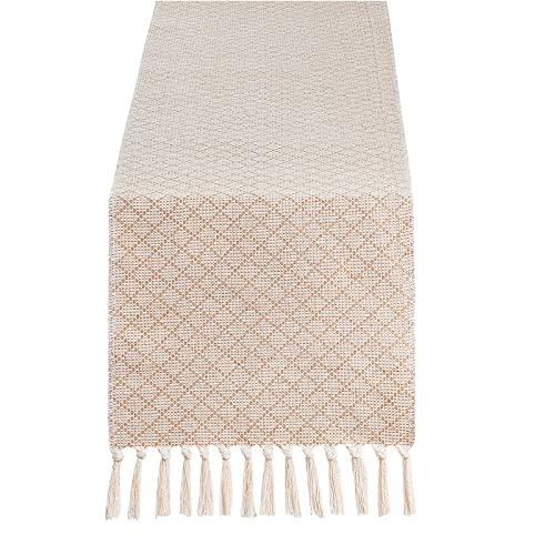 Camino de mesa rústico de yute con flecos hechos a mano, decoración de mesa de lino de algodón para fiestas de vacaciones y uso diario (33 x 180 cm) Cover