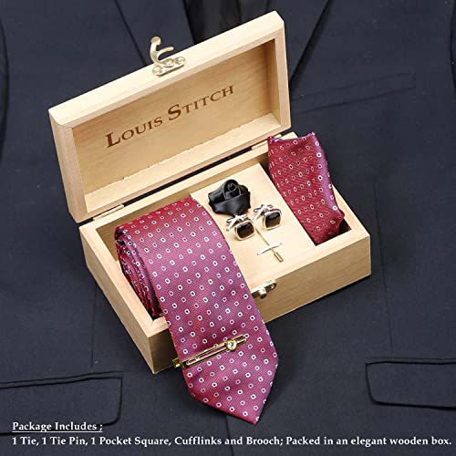 Image of LOUIS STITCH Mens Silk NeckTie Golden Tiepin Gift Combo Set With Pocket Square Cufflinks Brooch Tie Golden Tiepin (Suit Accessories) (Britain)
