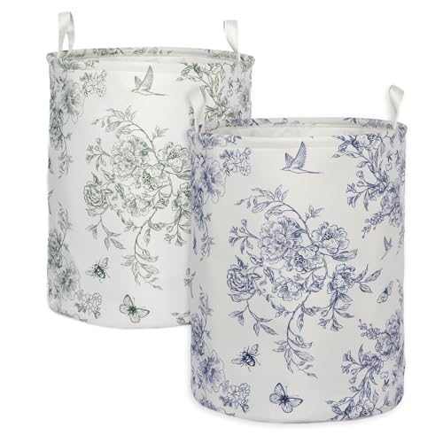 Image of 2Pcs Blue Floral Laundry Basket Cute Girls Nursery Hamper Kids Baby Flowers Room Decor Foldable Oxford Cloth Funny Tote Clothes Storage Bucket Organizer For Bedroom (Floral)