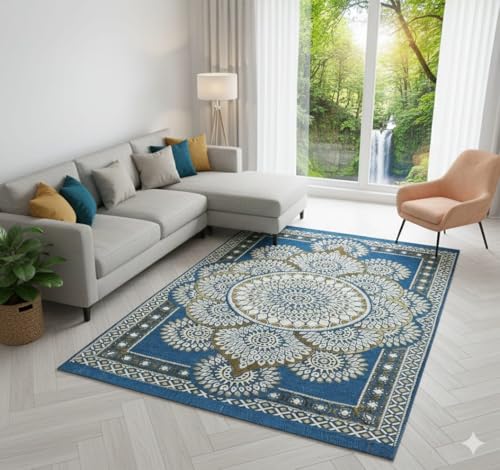 Image of Traditional Cotton Carpet 5x7 Feet Soft & Superfine Velvet Rug for Living Room, Hall & Bedroom | Designer Carpet /Area Rug Dari | Trendy & Durable Kalin Reactangular (Aqua)