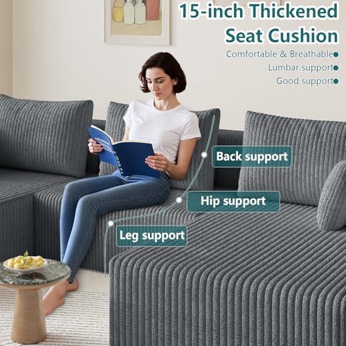 Image of 107 inch U-Shape Cloud Couch, Modern Modular Sectional U-Shape Sofa, Corduroy Boneless Couch Upholstered Couches Deep Seat Sleeper Chaise Longue for Living Room, No Assembly Required,Dark Gray