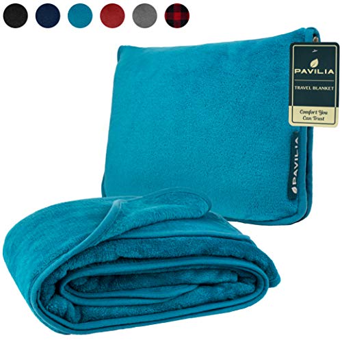 PAVILIA Fleece Travel Blanket Pillow | Large Portable Airplane Blanket with Luggage Strap