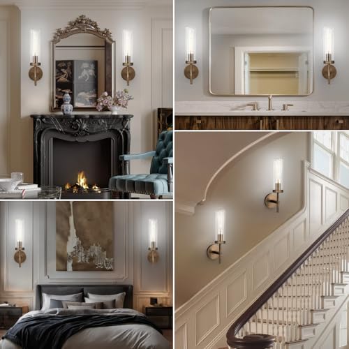 Image of Bronze Wall Sconces Set of Two with White Light, 15'' Brushed Brass Knurled Bathroom Vanity Light with Clear Glass for Living Room Mirror Bedroom Stairs