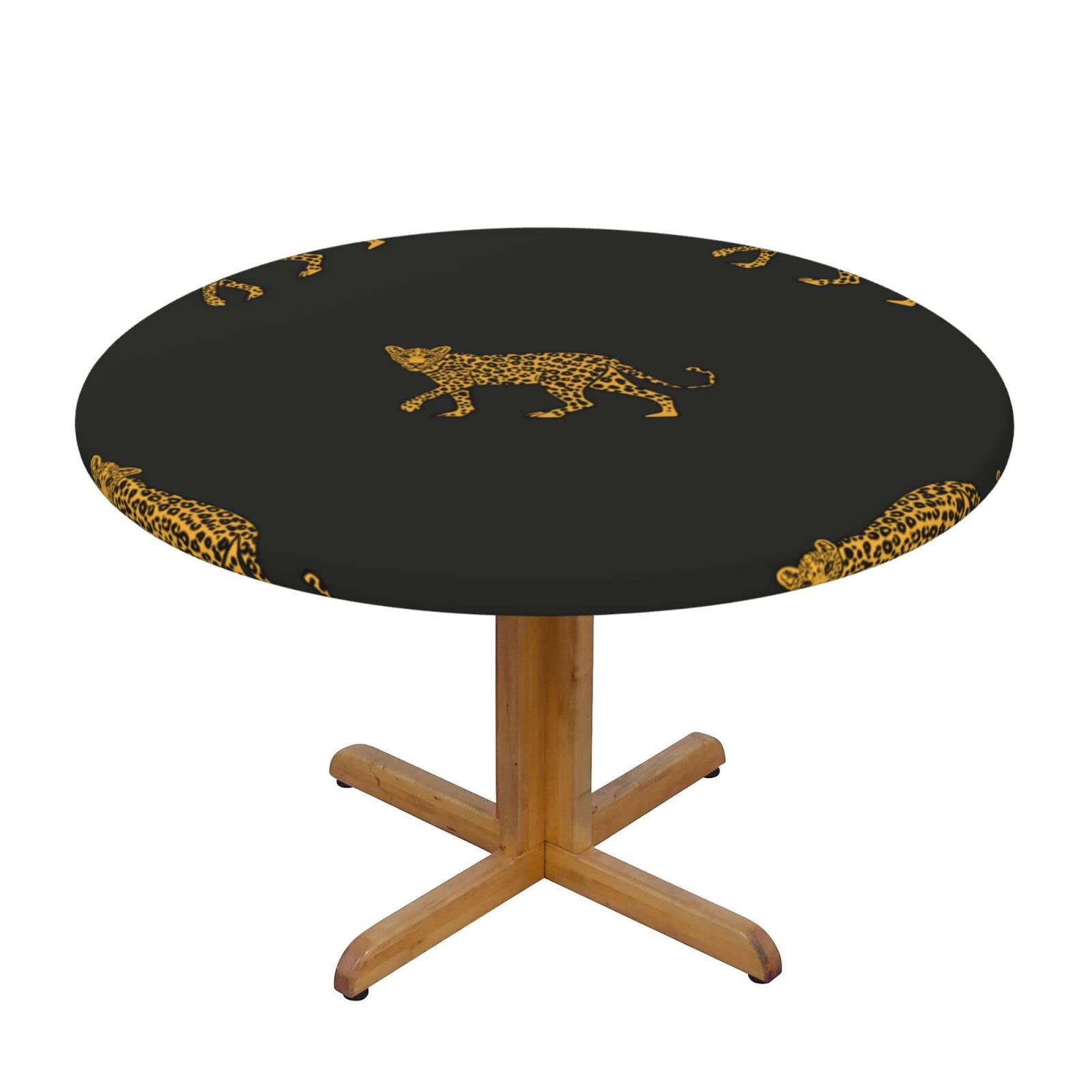 Lsjuee Round Fitted Tablecloth 45-50in Elastic Edged Table Cloth for Kitchen Dining Party Home Decor - Leopards Cute Pattern Black