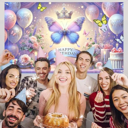 Image of Happy Birthday Banner for Women Girl | Butterfly Floral Theme Backdrop 71x43.3 inch polyester fabric; reusable; ideal photo decor for girls & women birthday parties
