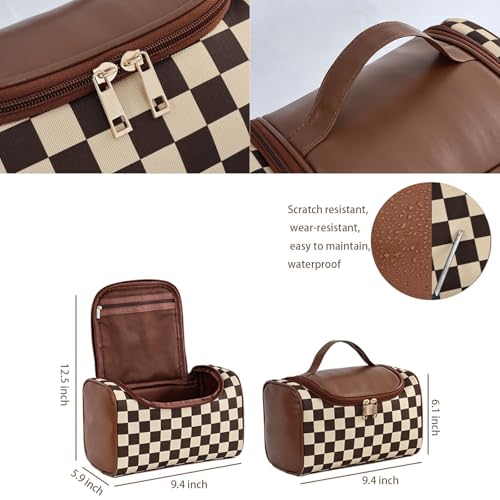 Makeup Bag, Travel Portable Checkered Pattern Cosmetics Skincare Storage Bag (Brown)2