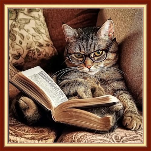 Artvxeay Cross Stitch Kits Stamped Full Range of Embroidery Patterns for Beginners or Adults DIY 11CT - Cat Reading 18x18 inch