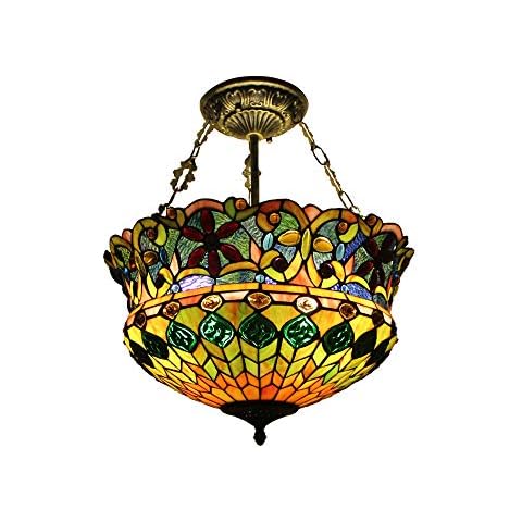 PPWW Ceiling Lamp Peacock Tail Colorful Pattern Authentic Tiffany Flush Mount Ceiling Light with Stained Glass Lampshade 5 Lights in Yellow and Green Cover