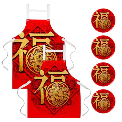 Lot de 2 tabliers de cuisine rouge et multicolore avec 4 broches pour bistrot