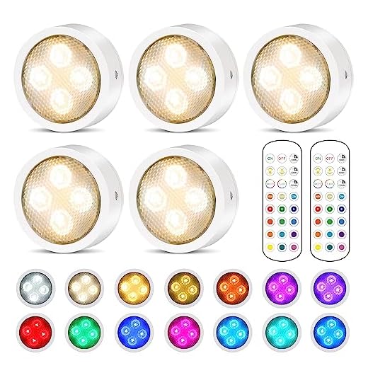 Puck Lights with Remote Control Battery Operated Wireless LED Under Cabinet Lighting, Stick on Tap Light Push Lights, Color Changing Under Counter Lights for Kitchen, Closets, Shelf, 5 Pack - White