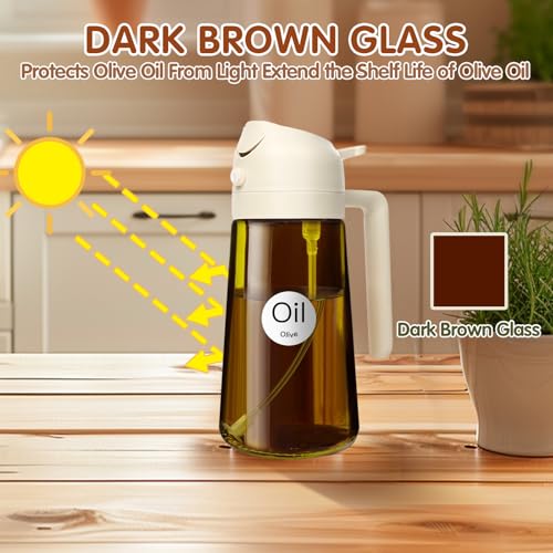 Image of YARRAMATE 16oz /470ml 2 in 1 Oil Sprayer for Cooking with Stickers, Dark Amber Food-Grade Olive Oil Dispenser Bottle for Kitchen, Air Fryer, Grill - Light Blockage (White)