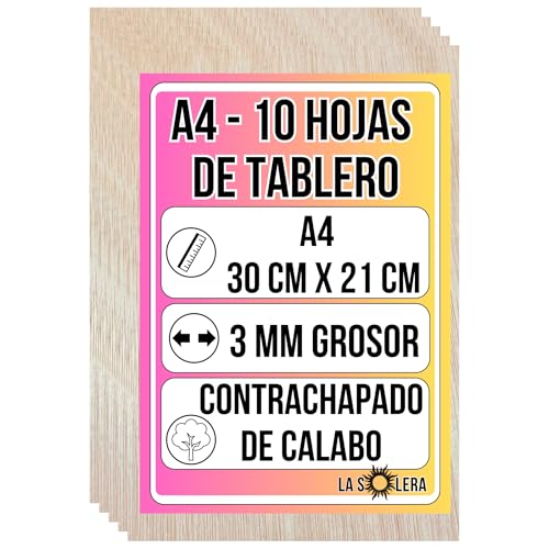 LA SOLERA Pack 10 Tableros Contrachapado de Calabo A4 (30x21 cm) | Hojas de 3 mm de Grosor | Manualidades, Corte Láser, Pirograbado, Maquetas, Decoración DIY | Madera Natural y Corte Preciso