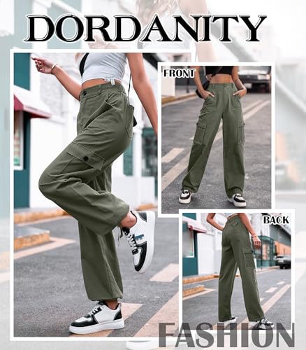 Dordanity Y2K Cargohose für Damen Baggy Hosen High Waist Wanderhose Baumwolle Arbeitshose mit Multi Taschen(Olivgrün,XS)