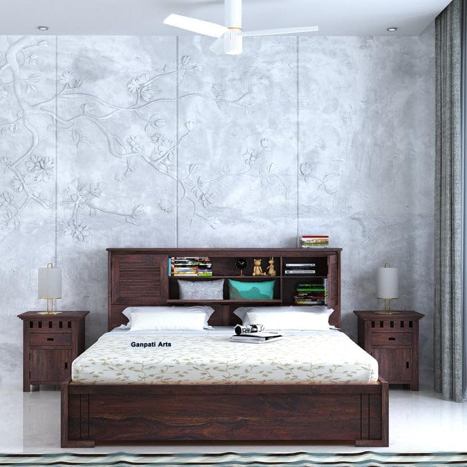 Image of Ganpati Arts Maharaja Groove Solid Sheesham Wood Queen Size Bed with Box & Headboard Storage | Wooden Double Bed Cot Palang for Bedroom, Living Room & Home (Walnut Finish)
