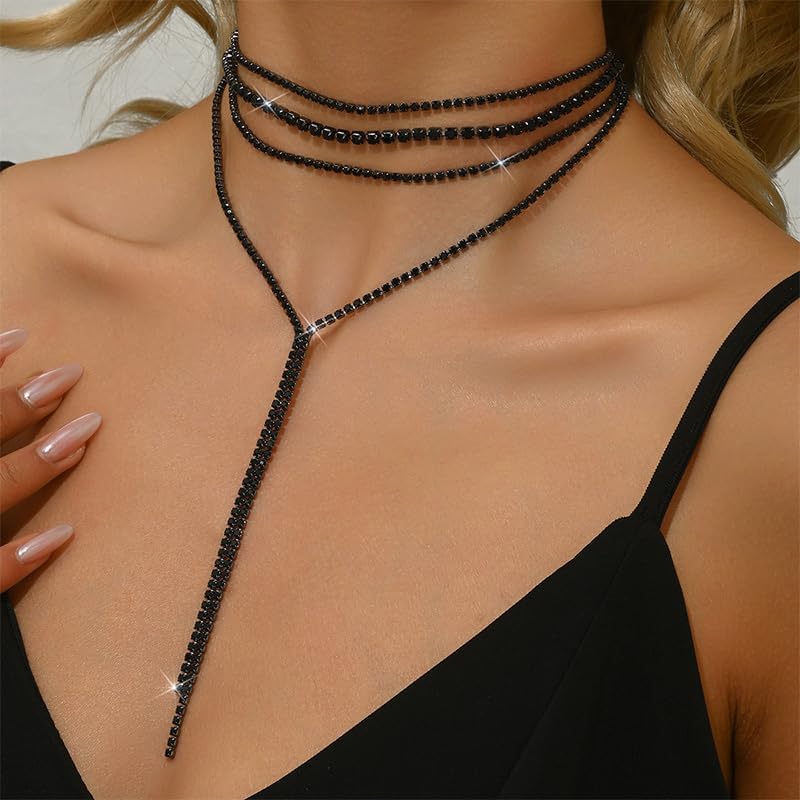 Long Rhinestone Lariat Necklace Silver Black Statement Bling Sparkly Cz Tennis Chain Choker Layered Faux Diamond Y Necklaces Prom Jewelry for Women (Black) - Image 4