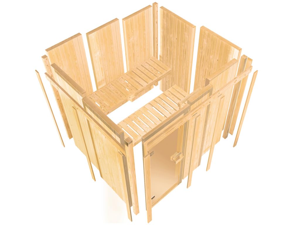 KARIBU Elementsauna Celine 4 Fichte Natur 68 mm, Innensauna für 2 3 Personen, Systembauweise mit bronzierter Ganzglastür, 3 Liegen, Ofenschutzgitter, Innenmaße 196x196x198 cm, Ohne Dachkranz