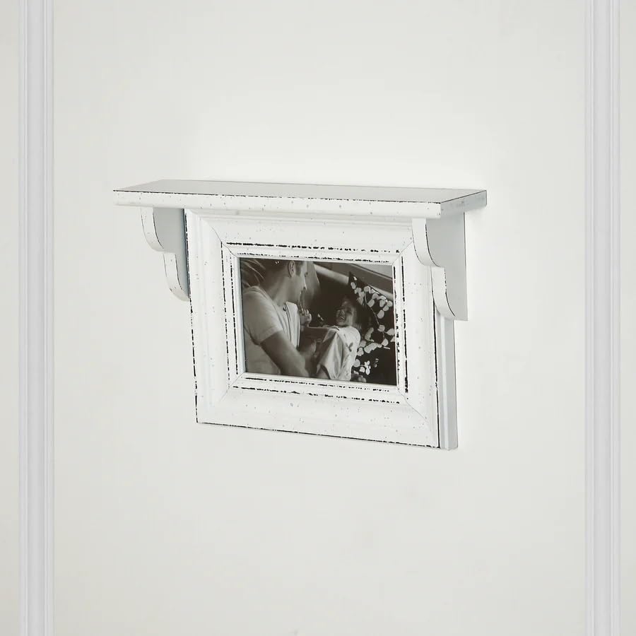 Image of Photoframe with wooden shelf for Home Office Bedroom Decor - White