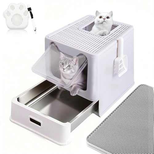 LEEJARD Lettiera per gatti in acciaio inox con coperchio e vassoio estraibile, Hop in lettiera XXL con tappetino e pala per gatti fino a 15 kg, facile da pulire, a prova di perdite