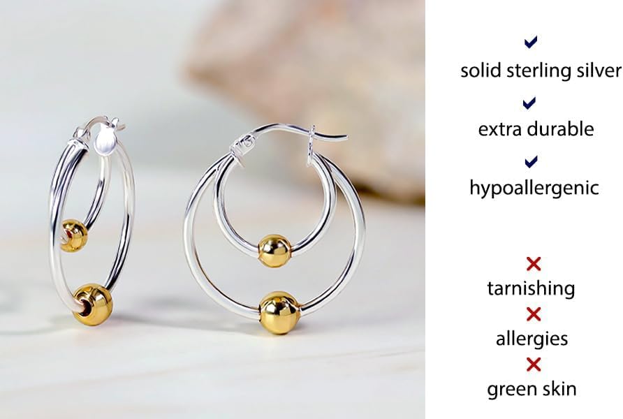 Hoops & Loops 925 Sterling Silver Double Loop Beaded Hoop Earrings for Women, 14k Gold/Rose Gold, Black Flash Plate 25mm High Polished Hypoallergenic Two Bead Design Earrings - Image 9