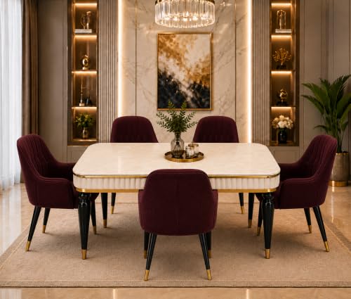 Image of 4 Seater Dining Table Set with Nano Composite Marble Top, Solid Wood Base & 4 Upholstered Chairs, Modern Dining Table Set for Home & Dining Room Furniture (Maroon, White Marble Top, 4 Seater)