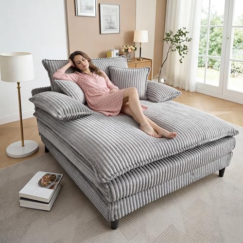 Image of Oversized Chaise Lounge Chair Indoor with 5-Position Adjustable Backrest, 54.8 inch Upholstered Corduroy Deep Seat Single Cloud Sofa Chair, Fluffy Modern Sleeper Couch Bed for Living Room, Grey