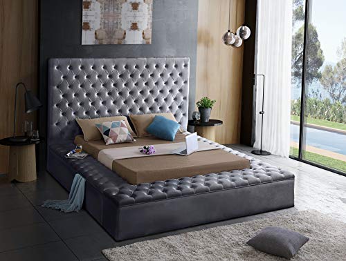 Meridian Furniture BlissGray-K Bliss Collection Modern | Contemporary Velvet Upholstered Bed with Deep Button Tufting and Storage Compartments in Rails and Footboard, Gray, King
