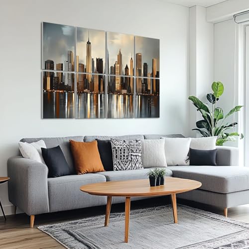 8 Pack Art Acoustic Panels Sound Absorbing City Gold Grey Modern Cityscape Skyscrapers Buildings Glass Facades Decorative Soundproof Wall Panels Self Adhesive for Recording Studios Office 48"x32" miniatura 6