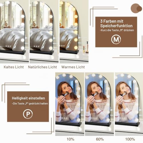 halumao Schminkspiegel mit Beleuchtung, 40×60cm Hollywood Spiegel mit 15 Lampen, 3Farbmodi, Speicherfunktion… – Ansicht 3