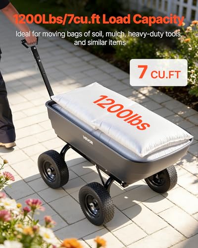 Image of VEVOR 7 Cu.Ft 1200LBS Poly Garden Cart Dump Wagon, Heavy Duty Wheelbarrow with 2-in-1 Convertible Handle and 13 inch Flat Free Tires, Utility ATV Trailer Yard Dump Cart Tow Behind for Lawn Mower Tractor