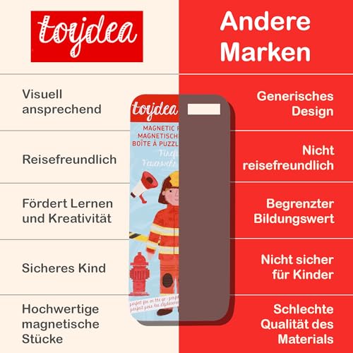 Toydea Magnetspiel Puzzle Box Feuerwehrmann - Fördert Motorik & Fantasie - Feuerwehr Spielzeug ab 3 Jahre, ideales Reisespiel für Kinder - Feuerwehr Geschenk für Jungen & Mädchen