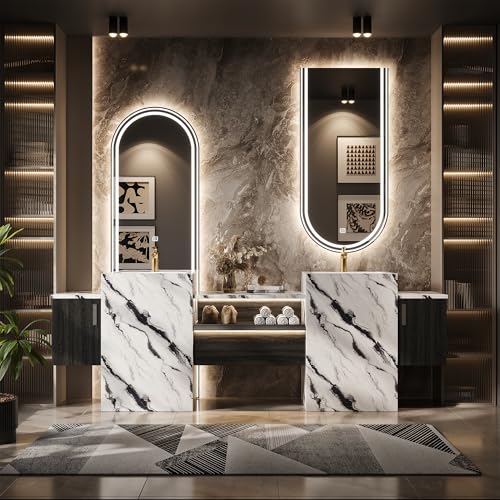 GruiGevi Luxury Bathroom Vanity with Sink and Mirror, Standing Sintered Stone Sinks with Floating Cabinet, LED Lighting&Defogging, Assembled. (80''Double Sink)