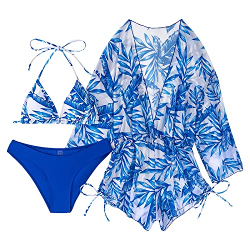 Traje de baño de bikini para hombre y mujer, con mono de playa, tres piezas, azul, M