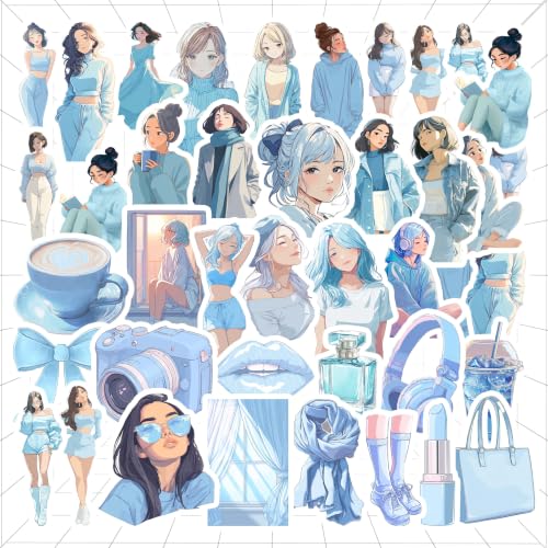 Image of Blue Aesthetic Kawaii Girl Vinyl Stickers Pack of 35 | Waterproof Sky Blue & Pastel Cute Fashion Decals for Laptop, Water Bottle, Journal, Scrapbook, Phone Case | Self-Adhesive Sticker Pack