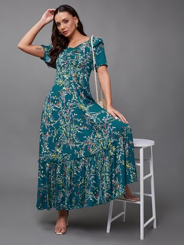 Image of Miss Chase Women Pleated V Neck Full Sleeves Relaxed Fit Midi Length Dress
