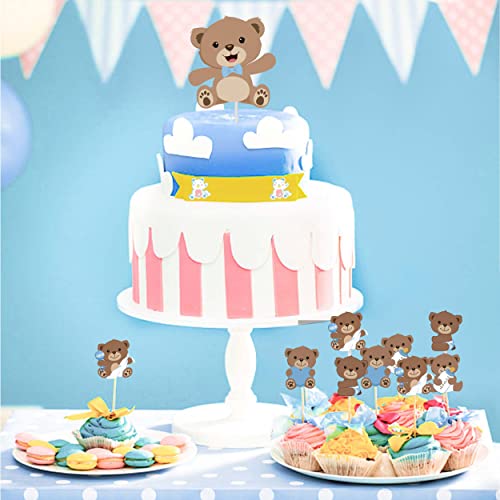25Pcs Bear Cake Topper Baby Shower Double Sided Print With Bear Cupcake Toppers Brown For Bear Theme Gender Reveal Neutral Party Supplies #TOP4